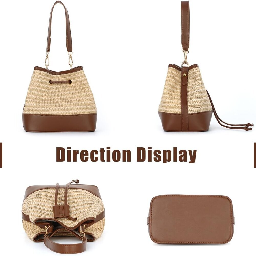Stylish Drawstring Straw Handbag With Detachable … - image 2